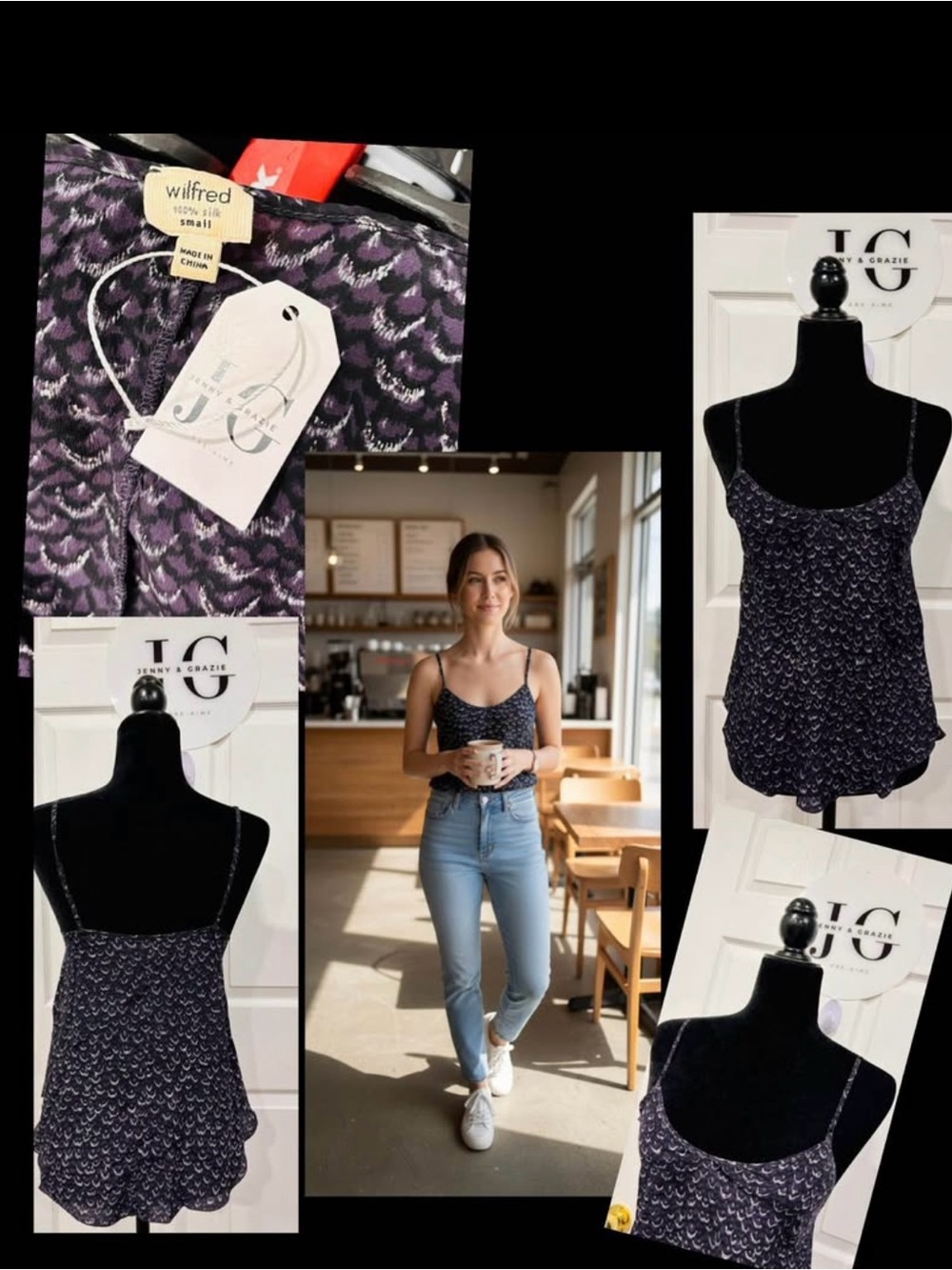 Aritzia - Wilfred Purple Scallop Print Spaghetti Strap Tank
